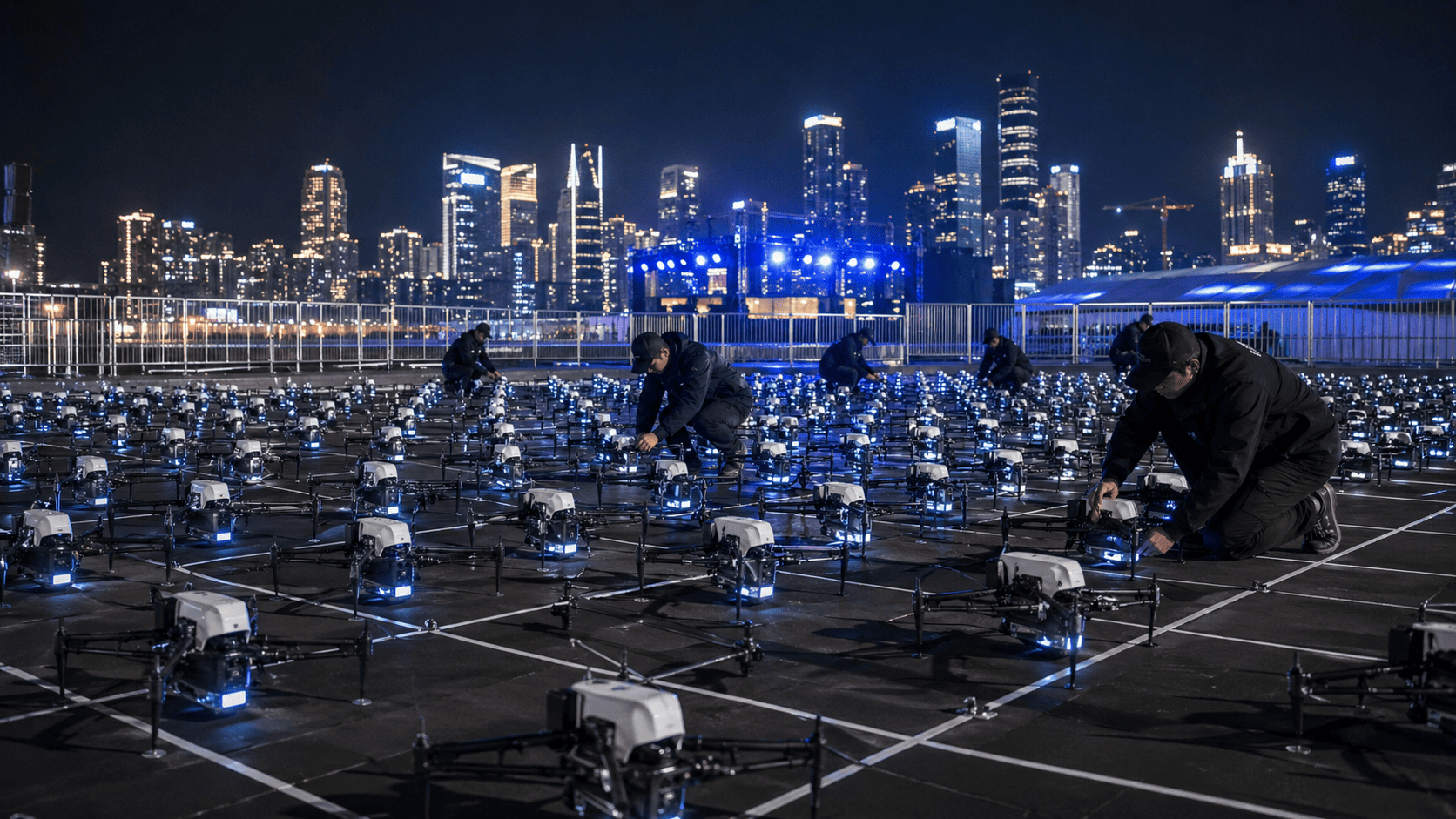 A fleet of performance drones ready for a light show